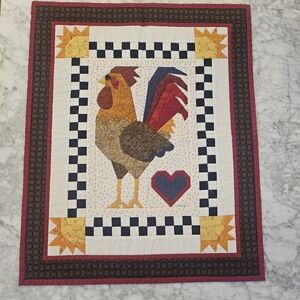 Quilted wall hanging tapestry rooster chicken sunshine heart signed